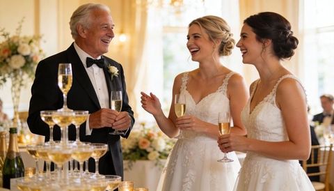 Two brides toasting with tuxedoed man by champagne tower at elegant ballroom reception