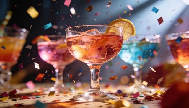 Festive coupe cocktails with confetti and lemon wheel, vibrant party cocktail close-up