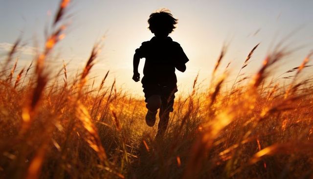 Silhouetted child running through golden meadow at sunset evoking freedom and adventure