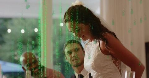 Bride speaking at reception with green matrix code overlay, modern wedding concept