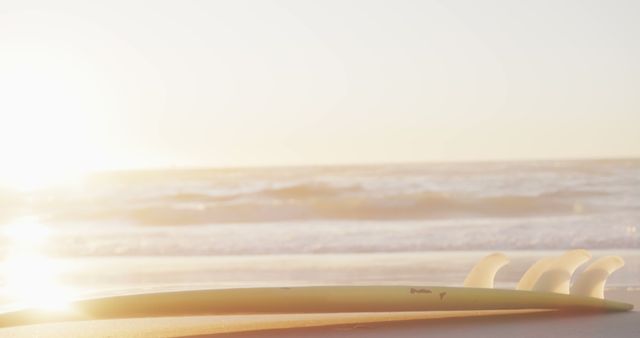 Surfboard resting on beach at sunset with ocean waves in background - Download Free Stock Images Pikwizard.com