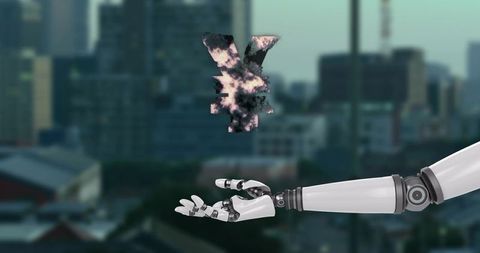 Sleek high-tech robotic arm presenting hovering yen symbol over blurred urban skyline