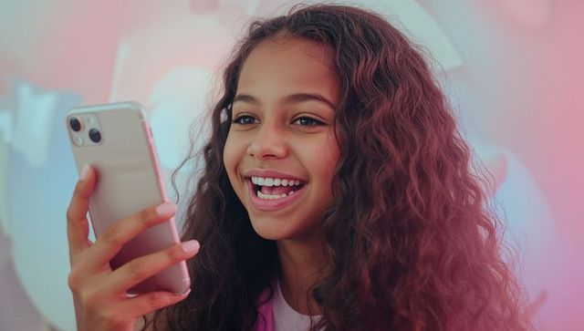 Joyful Teenage Girl Engaging with Smartphone in Trendy Interior