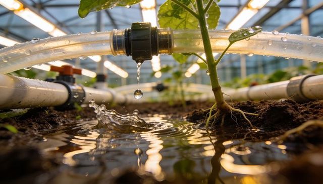 Drip irrigation droplet splashing on seedling roots in greenhouse with reflective water