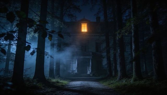 Cinematic foggy forest driveway leading to secluded two-story mansion with glowing window