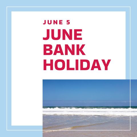 June bank holiday announcement with beach and ocean