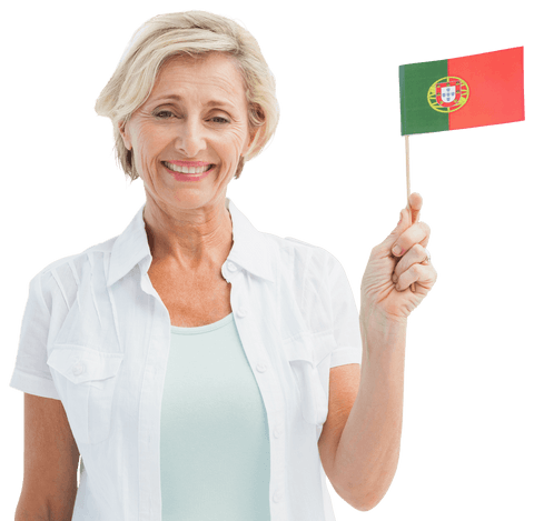 Smiling Businesswoman Holding Portugal Flag on Transparent Background