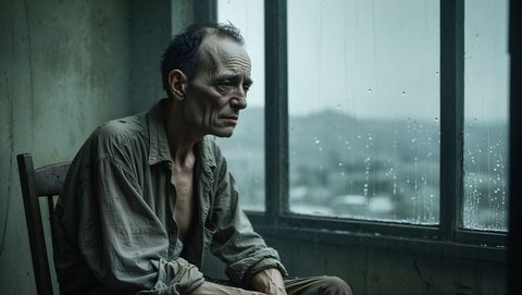 Man reflecting in worn room on rainy day