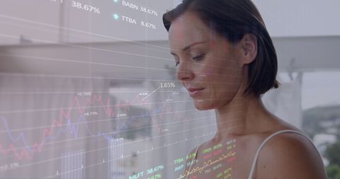 Woman Analyzing Digital Stock Market Data at Home