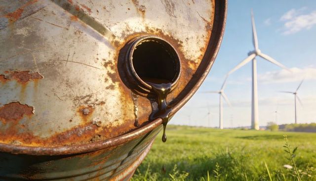 Leaking rusted oil drum pouring thick black liquid on meadow with wind turbines