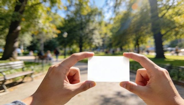 Hands holding blank business card on sunny park path presenting clean branding space