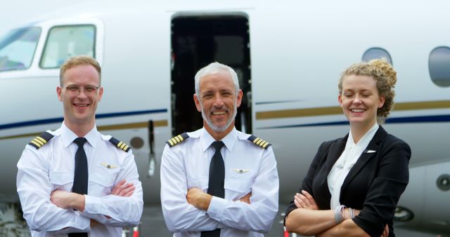 Three aviation professionals standing confidently in front of a private jet. The male pilots are dressed in their uniforms, and the female flight attendant is smiling and dressed smartly. Ideal for depicting professional aviation services, teamwork in transportation, and crew readiness in corporate travel. Perfect for articles, advertisements, corporate brochures, and travel industry promotions.