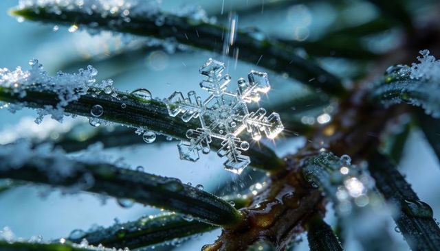 Macro crystal snowflake resting on frosted conifer needles with sparkling water droplets
