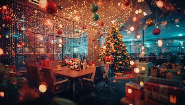 Festively Decorated Office Conference Room during Christmas Season