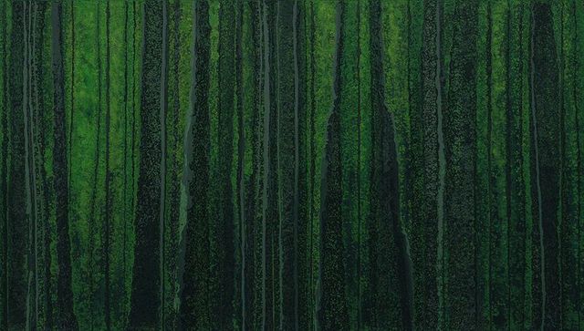 Human silhouette merging with moss-covered wall, vertical streaks and granular texture