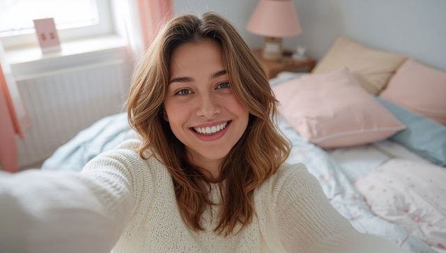 Smiling young woman taking cozy bedroom selfie in cream knit sweater with pastel pillows