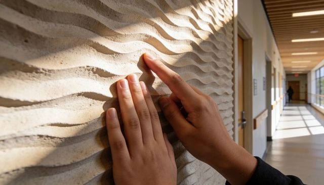 Hands tracing wavy textured wall in sunlit hallway, fingertips feeling ridges and shadows