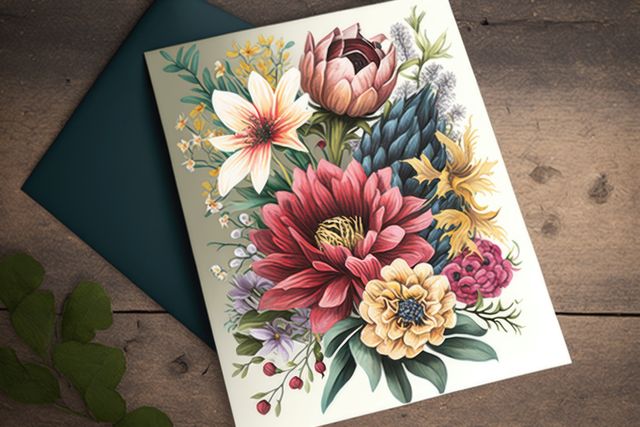 This image showcases a vibrant greeting card featuring an elaborate floral arrangement with a rustic wooden table as the background. Use this image to promote handmade cards, botanical art, or greeting card collections. Ideal for advertisements, websites, or social media posts related to stationery, crafting, and floral designs.