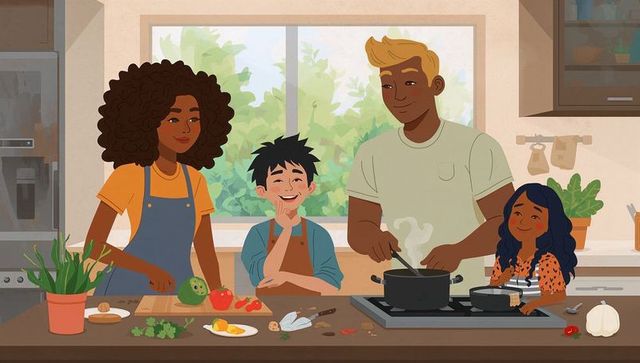 Family cooking together at kitchen island preparing healthy weeknight meal