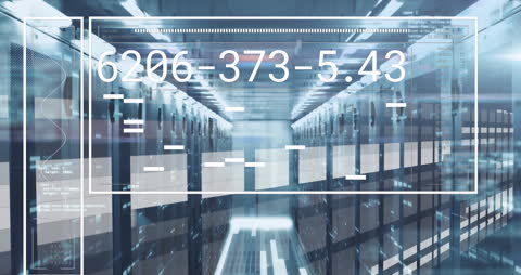 Digital Data Flow in Modern Server Room with Transparent Interface Overlay
