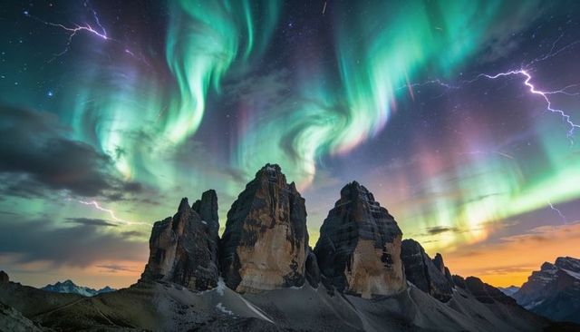 Aurora curtains dancing above three jagged alpine rock spires at twilight with lightning