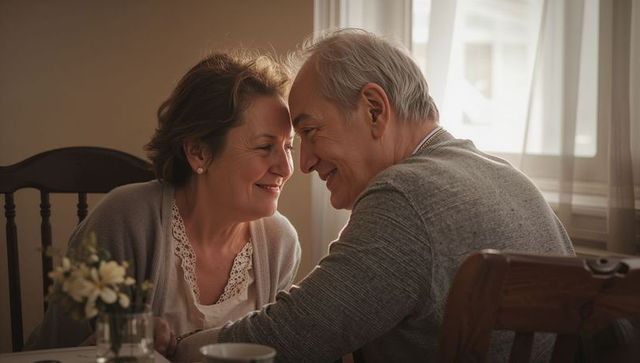 Senior couple sharing tender forehead touch while smiling at sunlit kitchen table