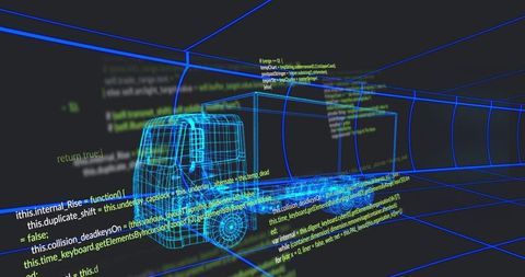 Futuristic semi-truck wireframe with code snippets