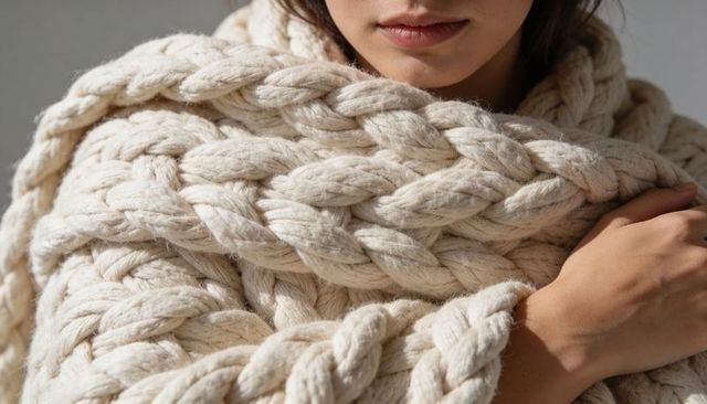 Cozy oversized braided cream knit blanket wrapping shoulders closeup portrait soft light