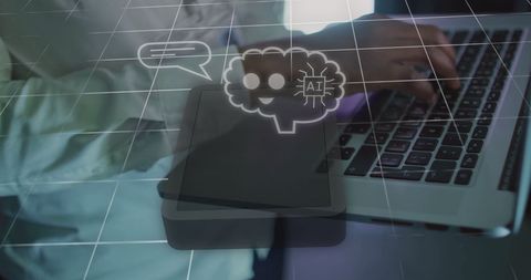 AI Chat Icons Overlay on Businessman Using Laptop - Download Free Stock Images Pikwizard.com