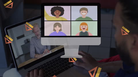 Cartoon Virtual Team on Video Call with Diverse Attendees