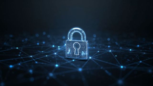 Floating holographic padlock over glowing cyber network grid