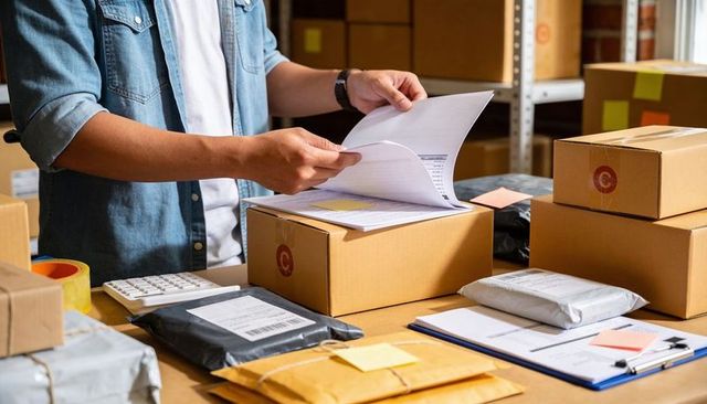 Warehouse Worker Checking Shipping Documents Among Packed Boxes for E-commerce Fulfillment