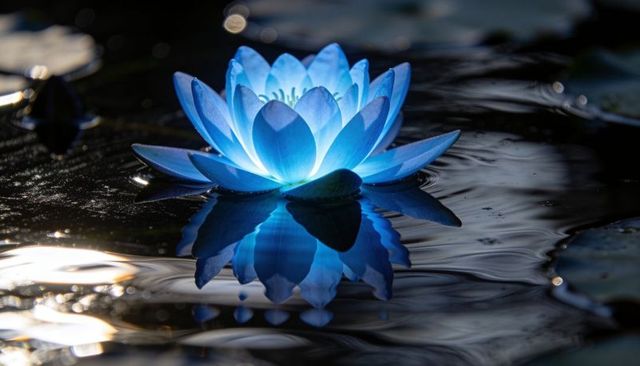 Floating blue water lily glowing and reflecting on dark pond at dusk