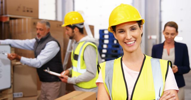 Smiling Female Construction Worker in Warehouse with Colleagues - Download Free Stock Images Pikwizard.com