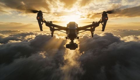 Camera drone hovering above clouds at golden hour with gimbal and vapor trails