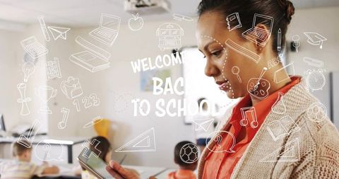Teacher holding tablet teaching modern classroom with welcome back to school doodle overlay