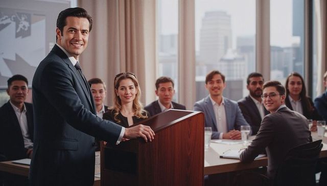 Confident Business Professional Presenting to Team in Modern Conference Room