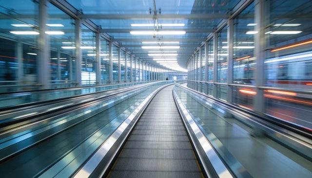 Curving moving walkway in glass transit tunnel with steel handrails, motion blur speed