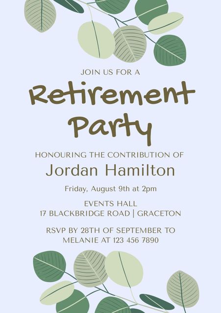 This image features a beautifully designed retirement party invitation with a serene leafy layout and soft colors. It is ideal for inviting guests to a significant milestone celebration, honoring someone's long-term contribution. Use it for designing printed cards or digital invitations for a retirement party, ensuring an elegant and warm tone fits the special occasion.