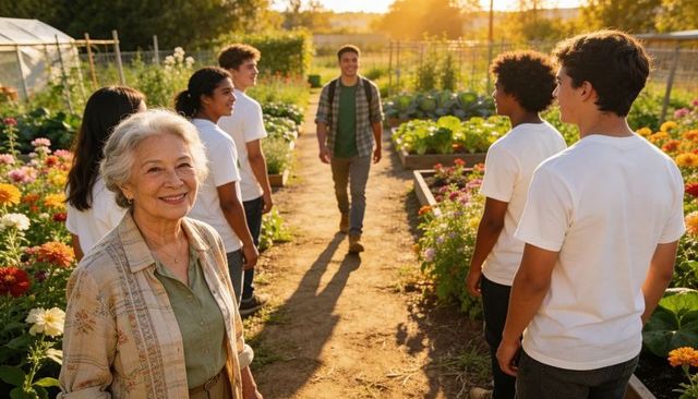 Smiling senior mentor leading youth gardening program in community allotment at golden hour