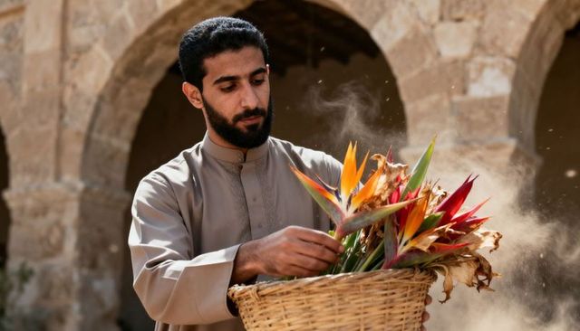Man arranging tropical bird of paradise bouquet in woven basket under sunlit stone arches
