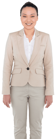 Transparent Professional Asian Businesswoman Smiling in Beige Suit