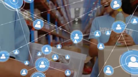 Volunteers packing donations in warehouse with digital network overlay showing nonprofit teamwork