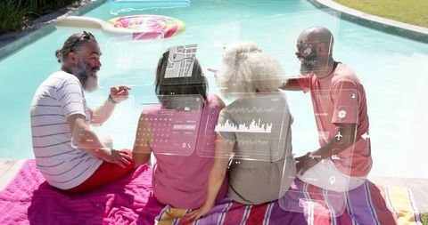 Chatting multigenerational friends relaxing by backyard pool with augmented reality overlays