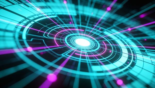 Rotating neon holographic interface with bright core and ringed hud for futuristic tech design