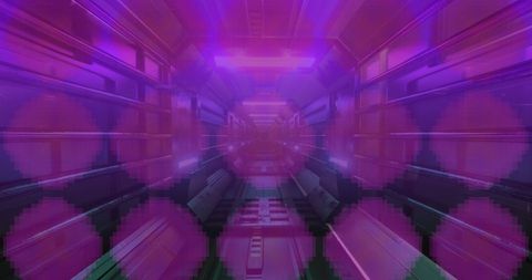 abstract visualization of digital tunnel with purple hues and dynamic shapes conveys futuristic technology and global data processing themes. ideal for use in tech blogs, digital transformation presentations, or as backgrounds in stem education material. complements content focusing on virtual reality, tech innovation, and digital networks.
