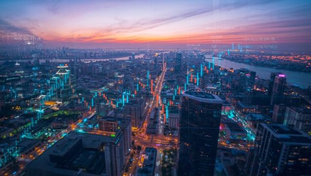 AI Driven Aerial Cityscape with Digital Financial Overlay