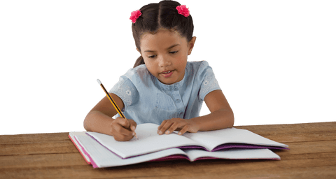happy girl writing in notebook with pigtails and flower clips transparency - Download Free Stock Videos Pikwizard.com