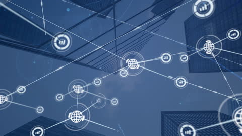 Futuristic Network Connections with Globe Icons over Skyscrapers