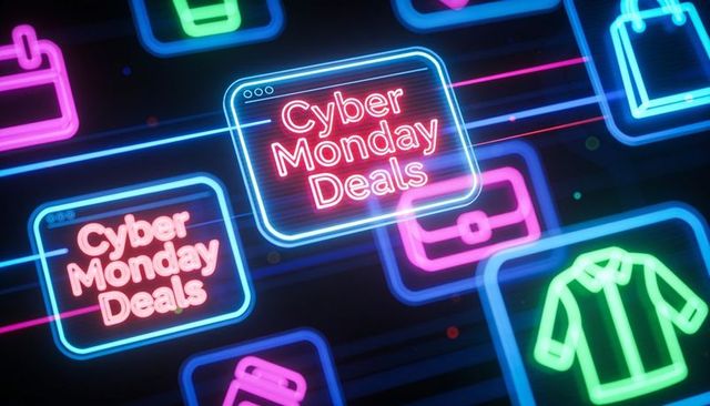 Glowing cyber monday deals neon interface showing vibrant online shopping icons
